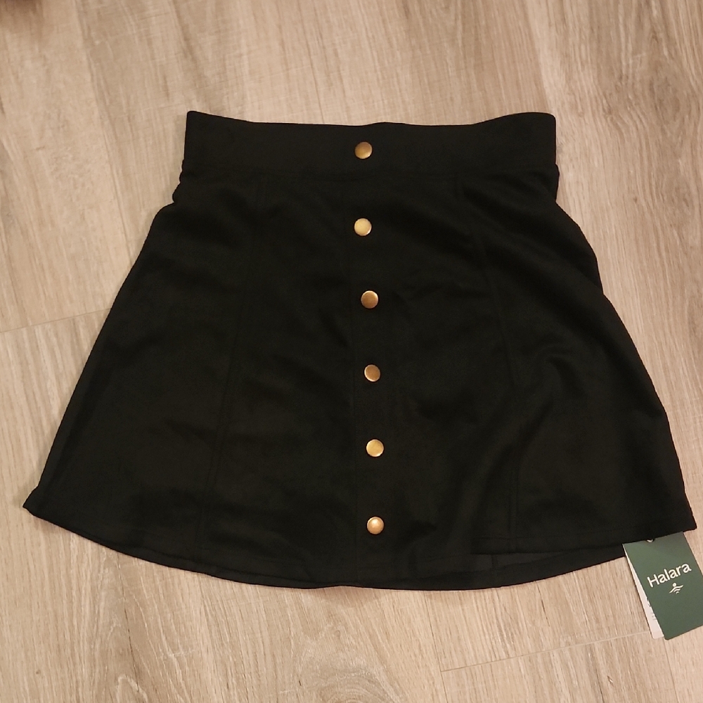 HALARA Black Mini Skirt with Gold Buttons S Faux Suede